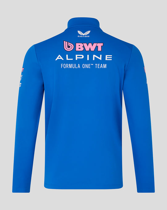 Blue BWT Alpine Formula One Team quarter zip midlayer shown from the back with large team logos across the upper back.
