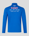 Blue BWT Alpine Formula One Team quarter zip midlayer shown from the back with large team logos across the upper back.