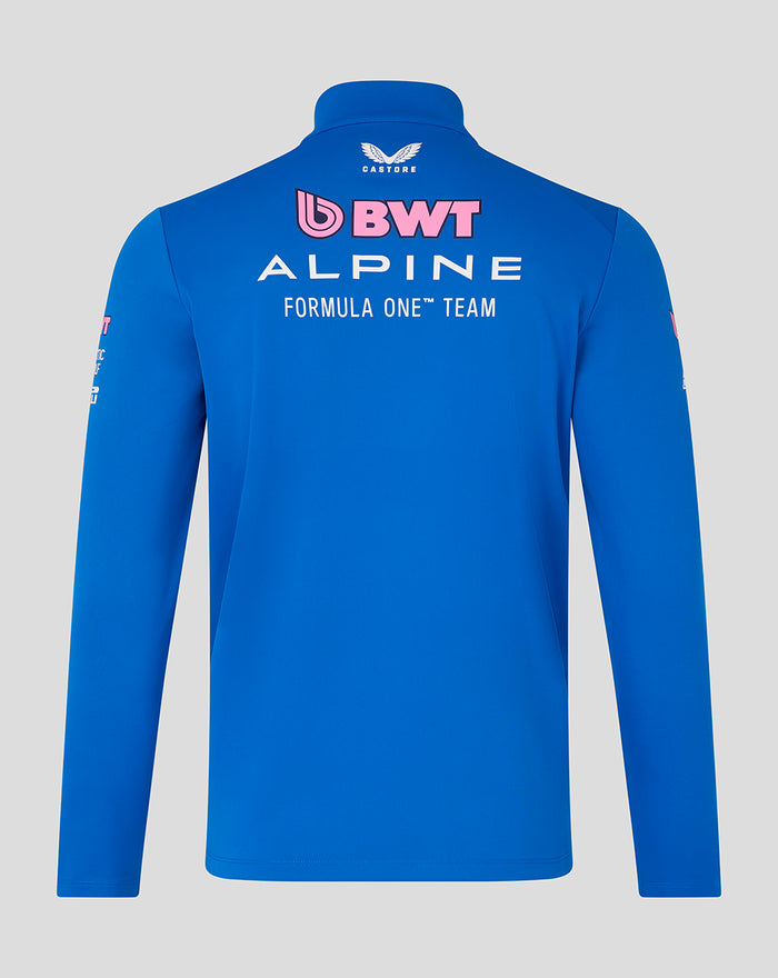Blue BWT Alpine Formula One Team quarter zip midlayer shown from the back with large team logos across the upper back.