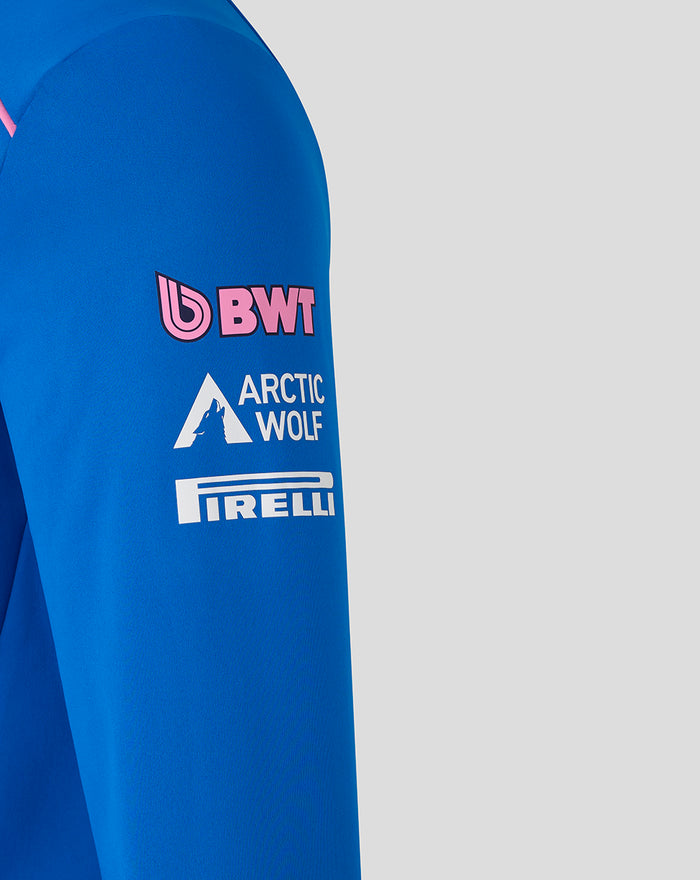 Blue Formula One team midlayer sleeve with BWT Arctic Wolf and Pirelli sponsor logos.