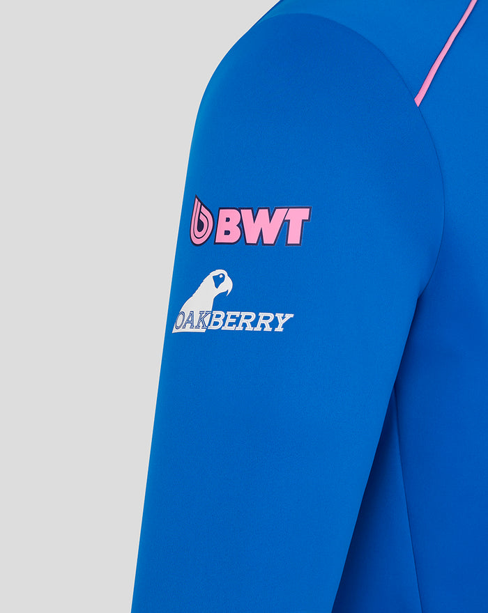 Blue midlayer sleeve showing BWT logo and Oakberry logo with a parrot graphic.