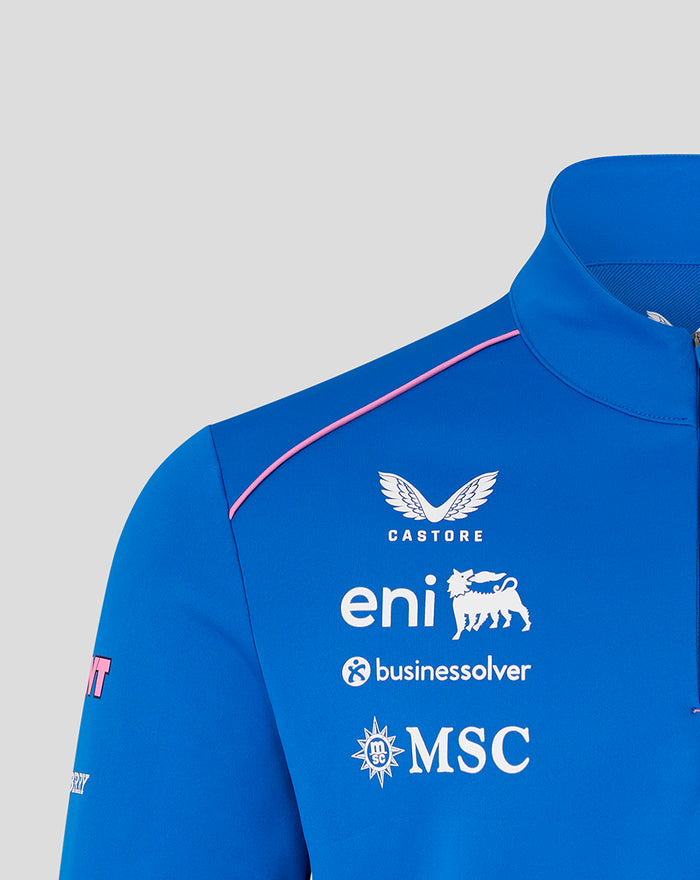 Official blue Formula One Team midlayer chest close up with sponsor logos and pink piping along the shoulder