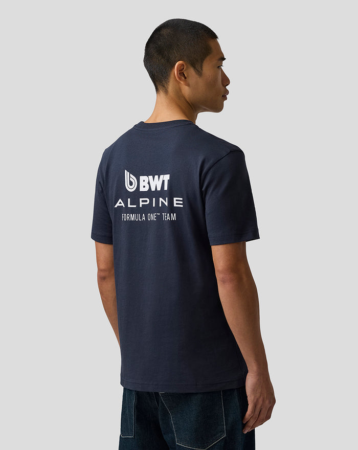 Rear view of navy Night Sky T shirt showing large white BWT Alpine logo on back