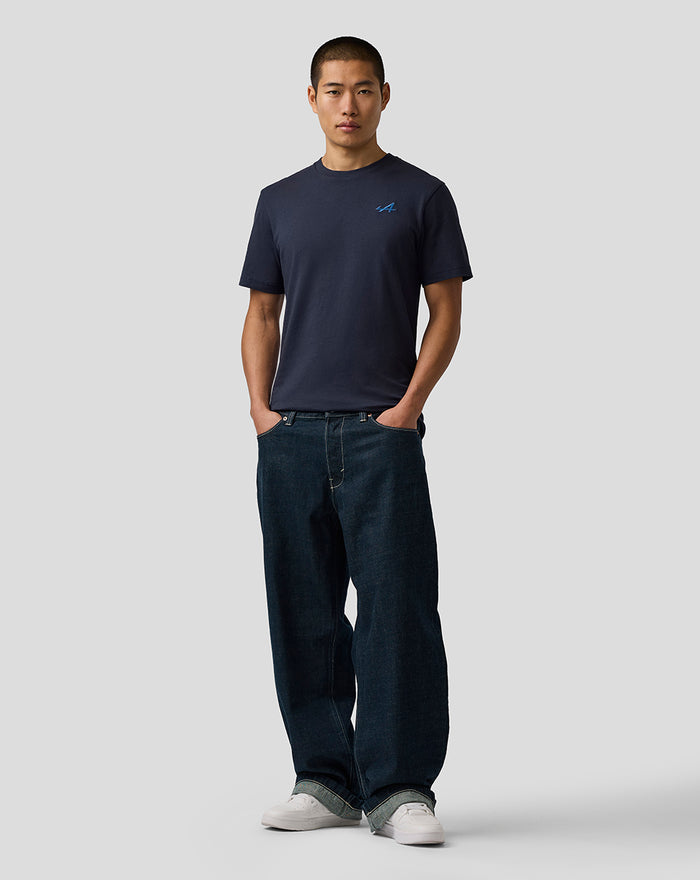 Front view of a man in navy BWT Alpine Regular Fit T shirt with a small blue chest logo.