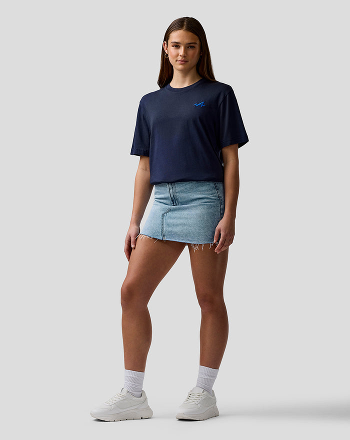 Navy Night Sky unisex core T shirt with blue embroidered A on left chest worn by a model