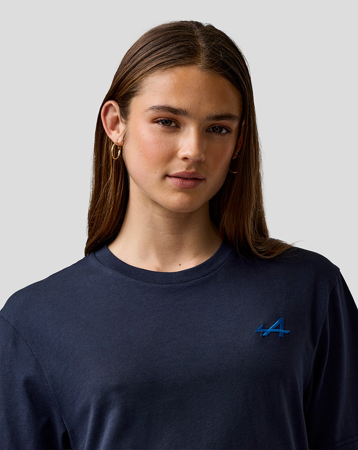 Close up of navy Night Sky T shirt with blue embroidered A on left chest