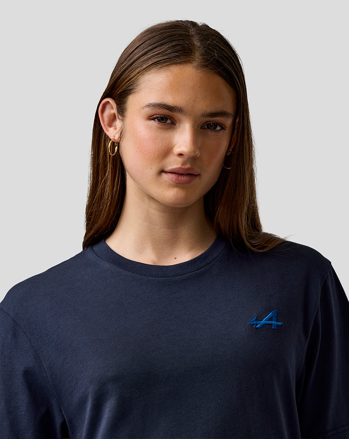 Close up of navy Night Sky T shirt with blue embroidered A on left chest