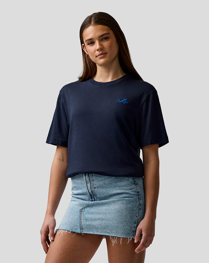 Woman wearing navy unisex regular fit T shirt with blue embroidered A on left chest and ribbed crew neck