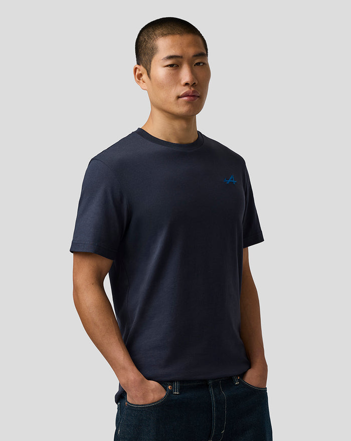 Man wearing navy unisex regular fit T shirt with blue embroidered A on left chest and ribbed crew neck