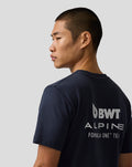 Side profile of a man wearing navy BWT Alpine Regular Fit T shirt with small chest logo and large back branding.