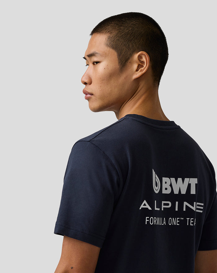 Side profile of a man wearing navy BWT Alpine Regular Fit T shirt with small chest logo and large back branding.
