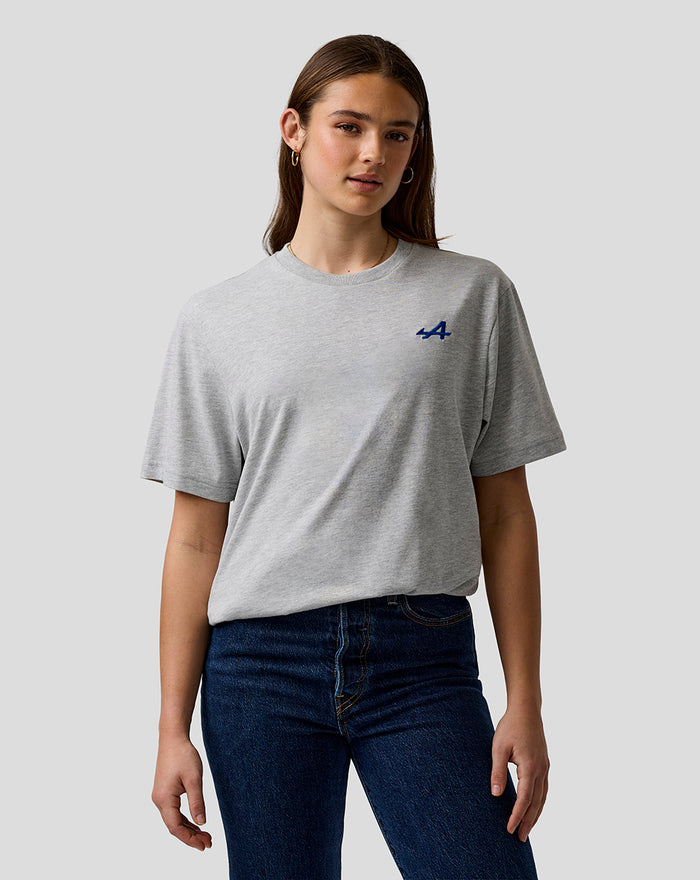 Front view of grey marl BWT Alpine T shirt with embroidered A logo on the left chest