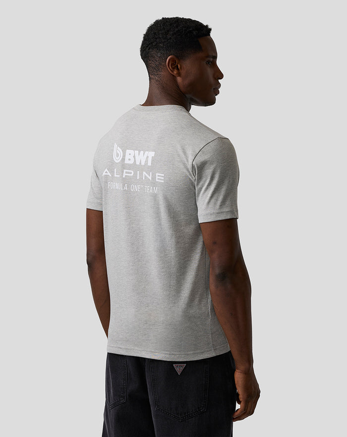 Back view of grey marl BWT Alpine T shirt with large white branding across the upper back