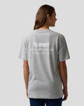 Rear view of grey marl BWT Alpine T shirt with bold white logo on the back