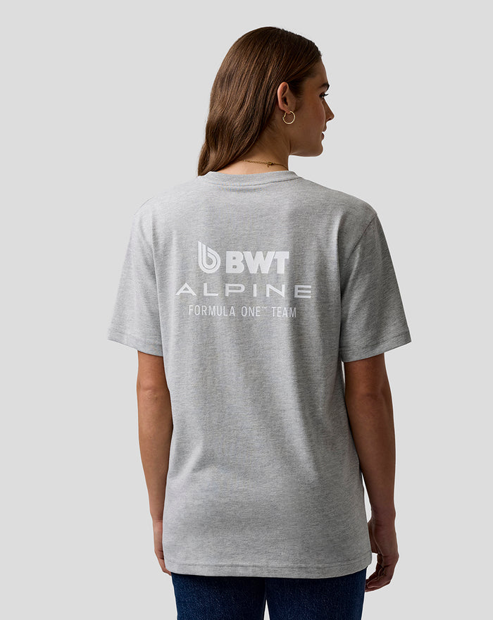 Rear view of grey marl BWT Alpine T shirt with bold white logo on the back