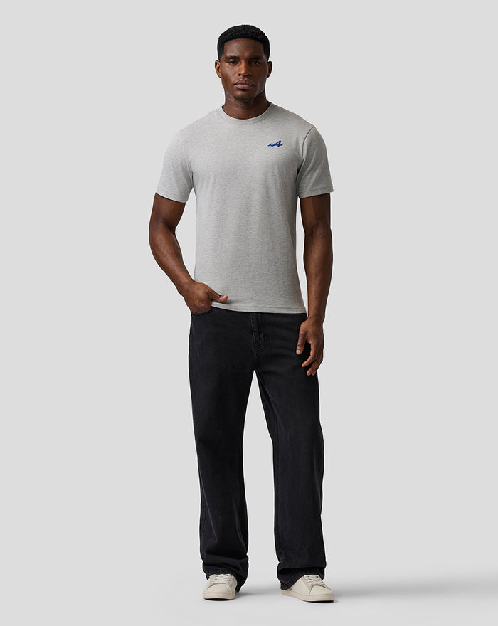 Front view of a male model in grey marl Unisex Regular Fit Core T Shirt with a small blue logo on the left chest