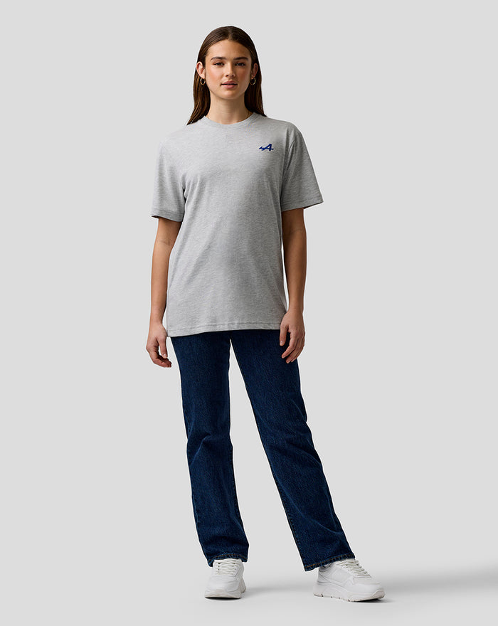 Full body of a woman in grey marl Unisex Regular Fit Core T Shirt with a small blue logo on the left chest