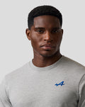 Male model wearing grey marl Unisex Regular Fit Core T Shirt with blue embroidered A on the left chest.