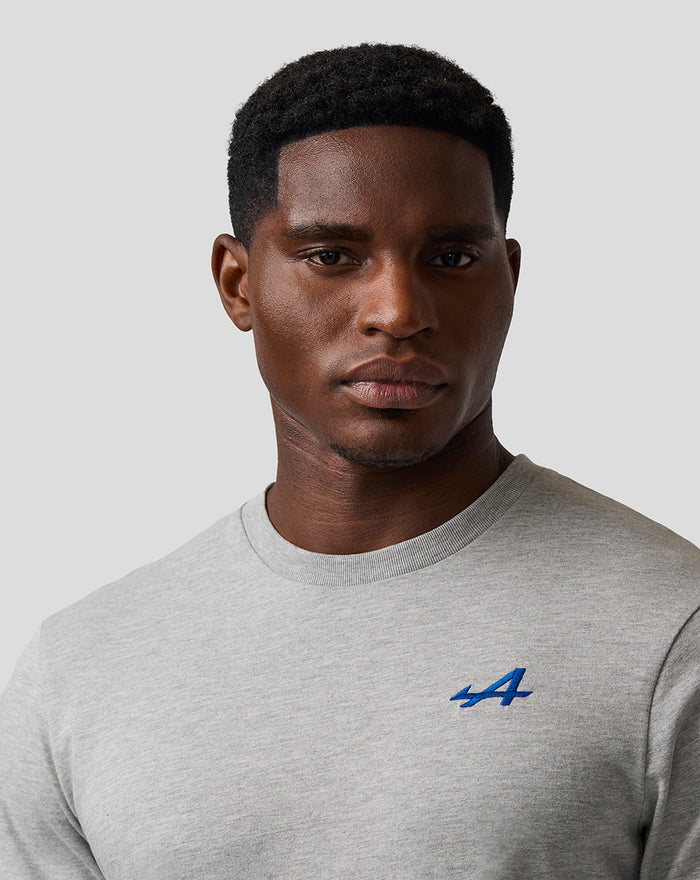 Male model wearing grey marl Unisex Regular Fit Core T Shirt with blue embroidered A on the left chest.