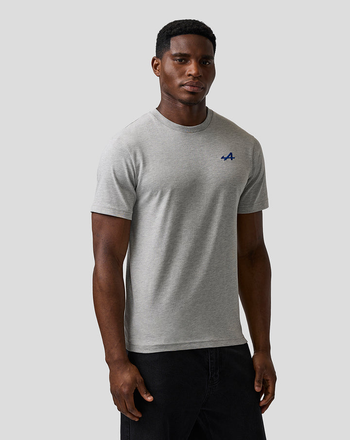 Man in grey marl Unisex Regular Fit Core T Shirt with blue embroidered A on the left chest.