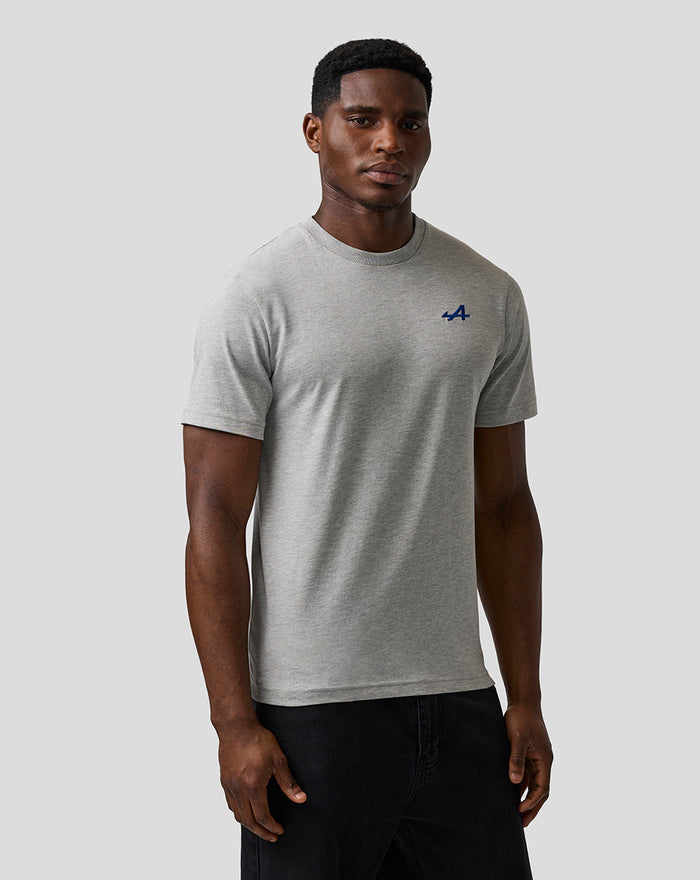 Man in grey marl Unisex Regular Fit Core T Shirt with blue embroidered A on the left chest.