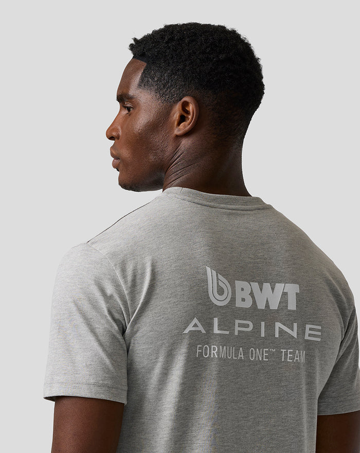 Back view of a man wearing grey marl Unisex Regular Fit Core T Shirt with BWT Alpine branding on the back