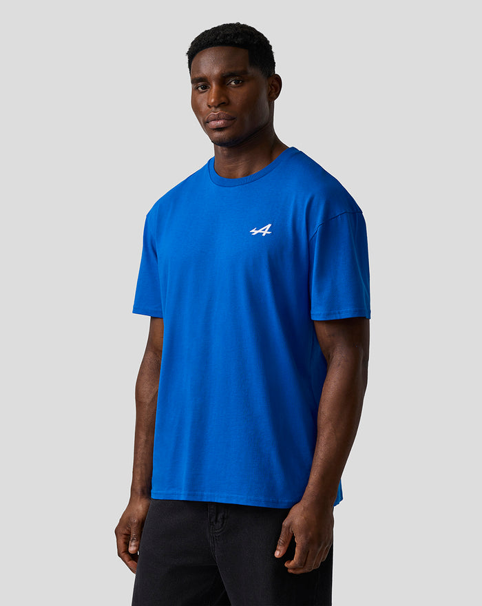 Bright blue relaxed fit short sleeve T shirt with embroidered A on left chest and printed team logo on the upper back.