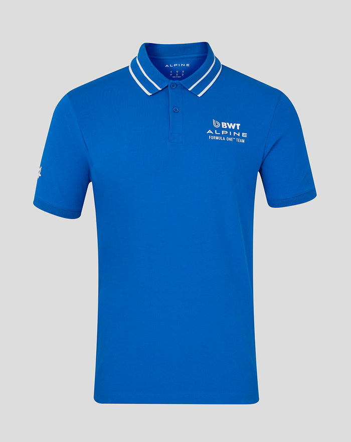 Front view of blue unisex Core Polo Shirt with Alpine logo on chest and A logo on sleeve, rib collar and two button placket.