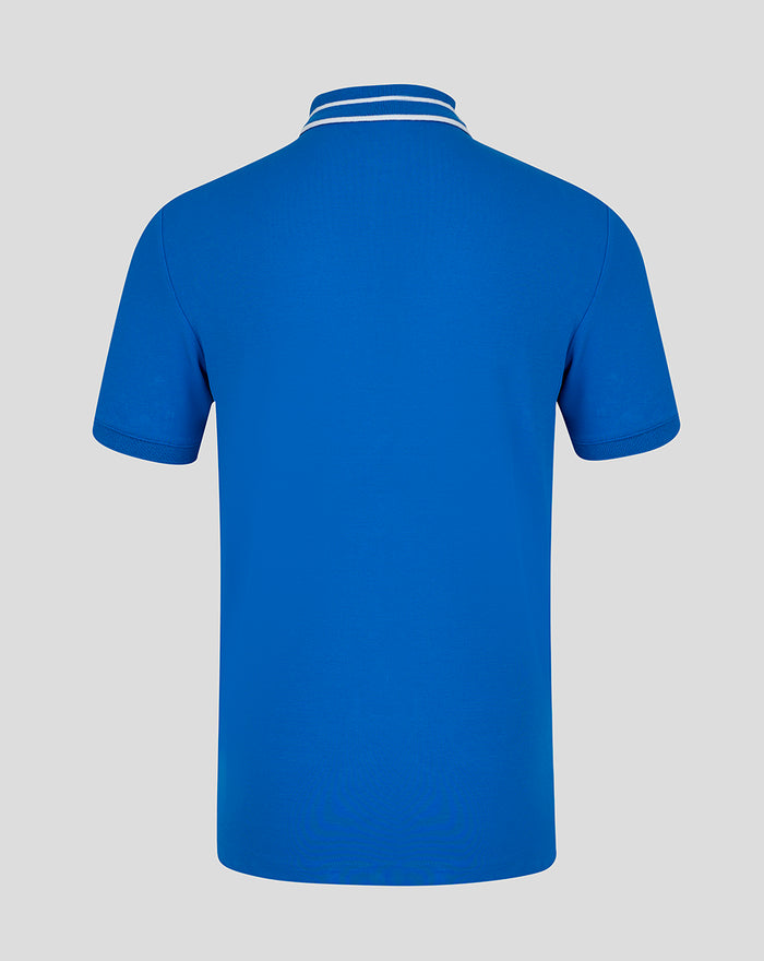 Back view of blue polo shirt showing white striped collar and short sleeves.