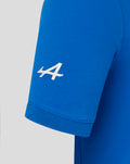 Blue polo shirt sleeve with white A logo embroidery