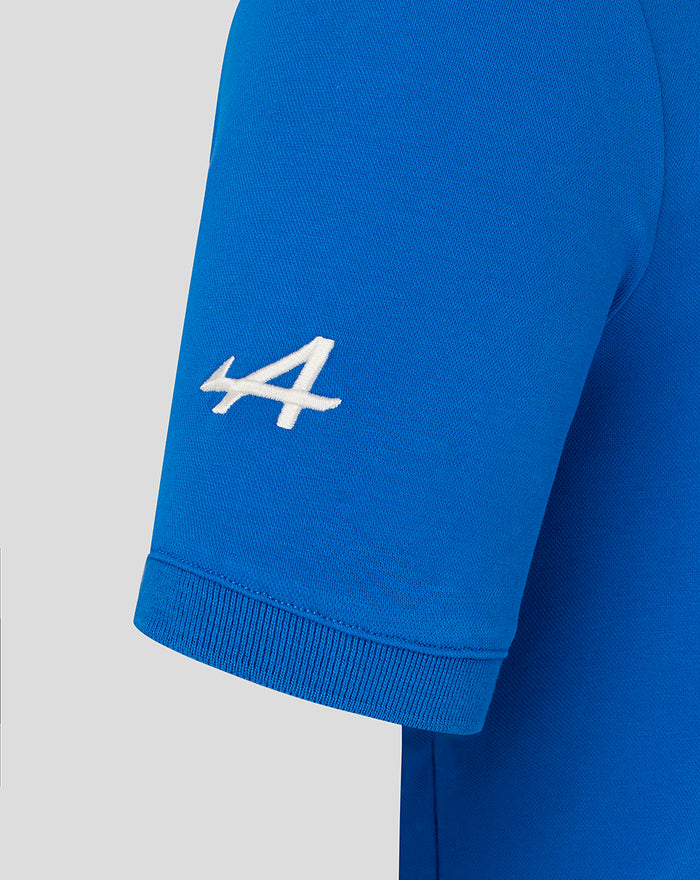 Blue polo shirt sleeve with white A logo embroidery