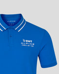 Blue polo shirt collar close up with two button placket and left chest Alpine branding
