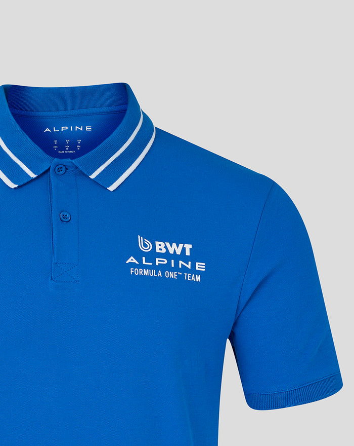 Blue polo shirt collar close up with two button placket and left chest Alpine branding