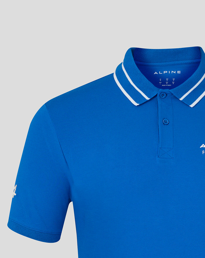 Blue polo shirt with striped rib collar and left chest Alpine branding
