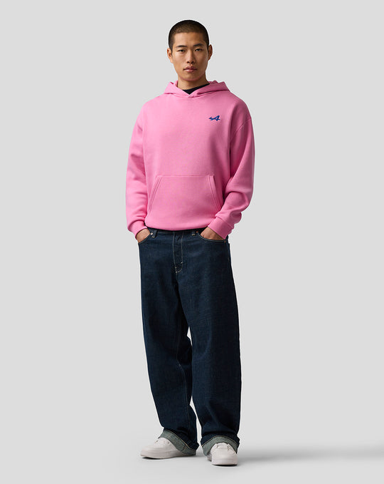Male model wearing pink core hoodie with kangaroo pocket and small blue A logo on left chest.