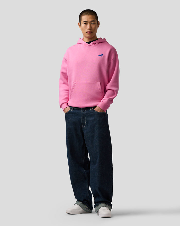 Male model wearing pink core hoodie with kangaroo pocket and small blue A logo on left chest.