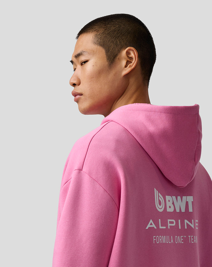 Pink Wild Orchid unisex core hoodie shown from the back with BWT Alpine branding on the upper back.
