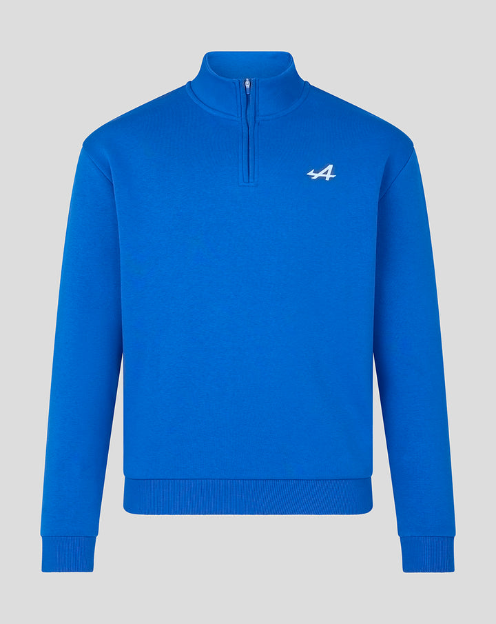 Front view of lapis blue unisex Core Quarter Zip Top with embroidered A on left chest