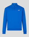 Front view of lapis blue unisex Core Quarter Zip Top with embroidered A on left chest