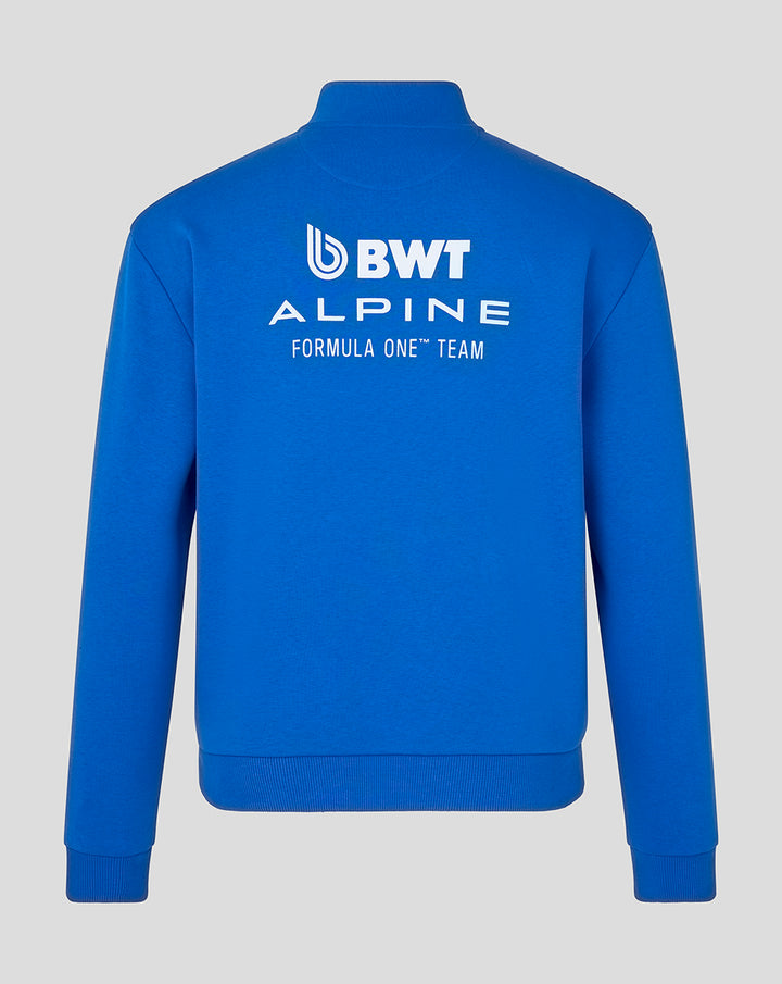 Back view of lapis blue unisex Core Quarter Zip Top with BWT Alpine logo on upper back