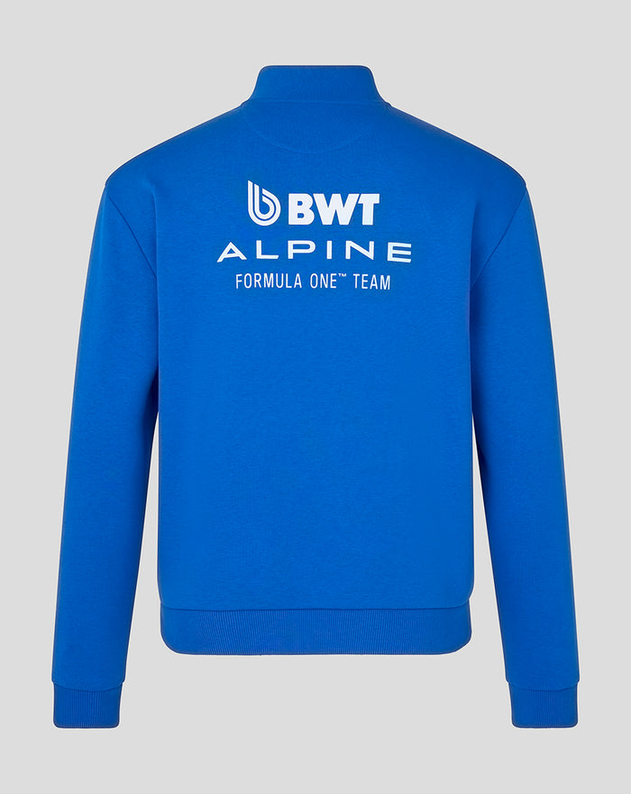 Back view of lapis blue unisex Core Quarter Zip Top with BWT Alpine logo on upper back