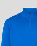 Close-up of funnel collar and centre front zip on lapis blue Core Quarter Zip Top