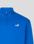 Lapis blue unisex quarter zip top with a small white A logo on the chest
