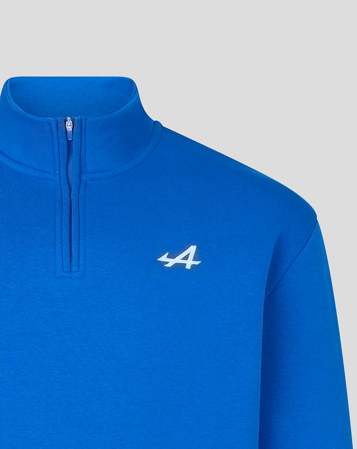 Lapis blue unisex quarter zip top with a small white A logo on the chest