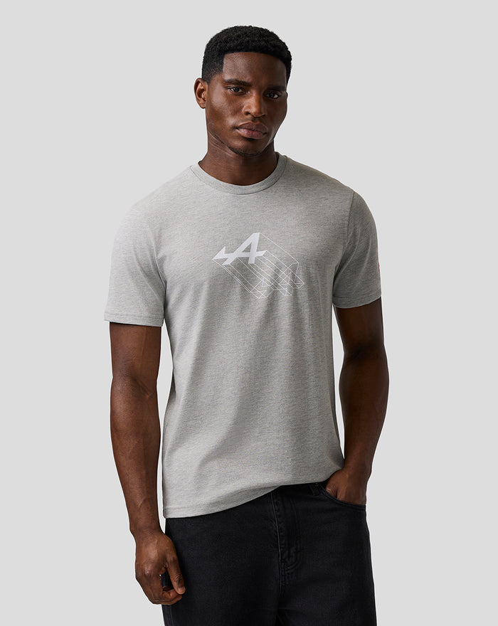 Male model in grey marl graphic T Shirt with Alpine A chest graphic and branding on the left sleeve.