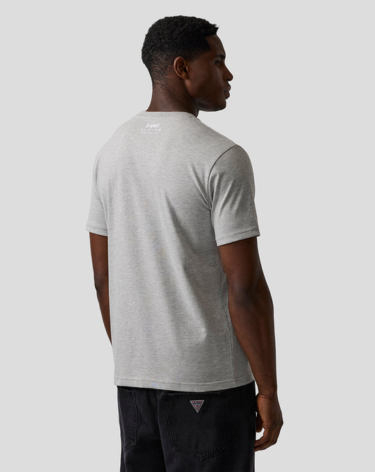 Back view of grey marl unisex graphic T shirt with small Alpine BWT logo at upper back