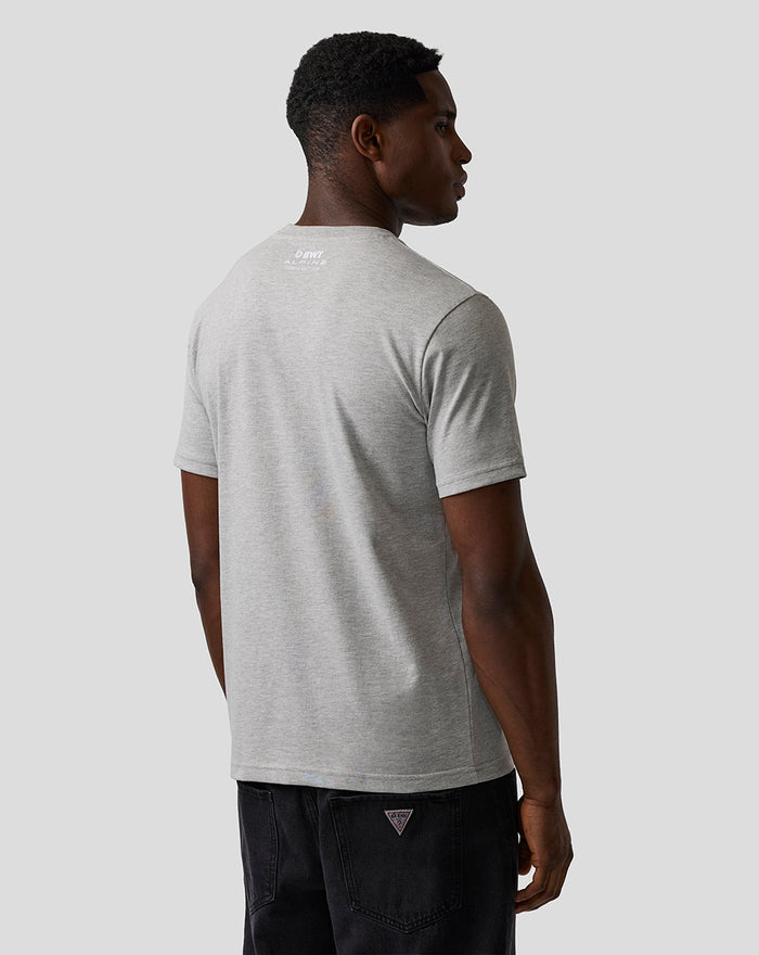 Back view of grey marl unisex graphic T shirt with small Alpine BWT logo at upper back