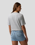 Front view of grey marl unisex graphic T shirt with Alpine graphic on chest and small branding on the left sleeve