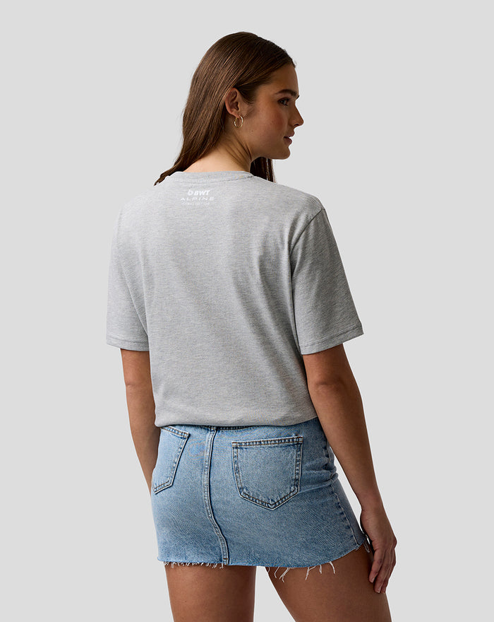 Front view of grey marl unisex graphic T shirt with Alpine graphic on chest and small branding on the left sleeve