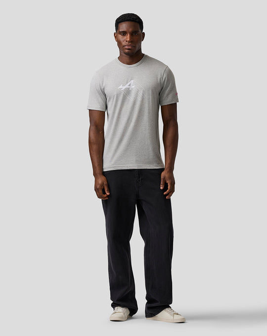 Front view of grey marl unisex graphic T shirt with Alpine A graphic on the chest